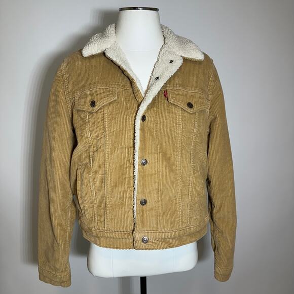Levi's Sherpa Lined Corduroy Trucker Jacket Coat Tan Cream Womens Size Medium M - Picture 1 of 14